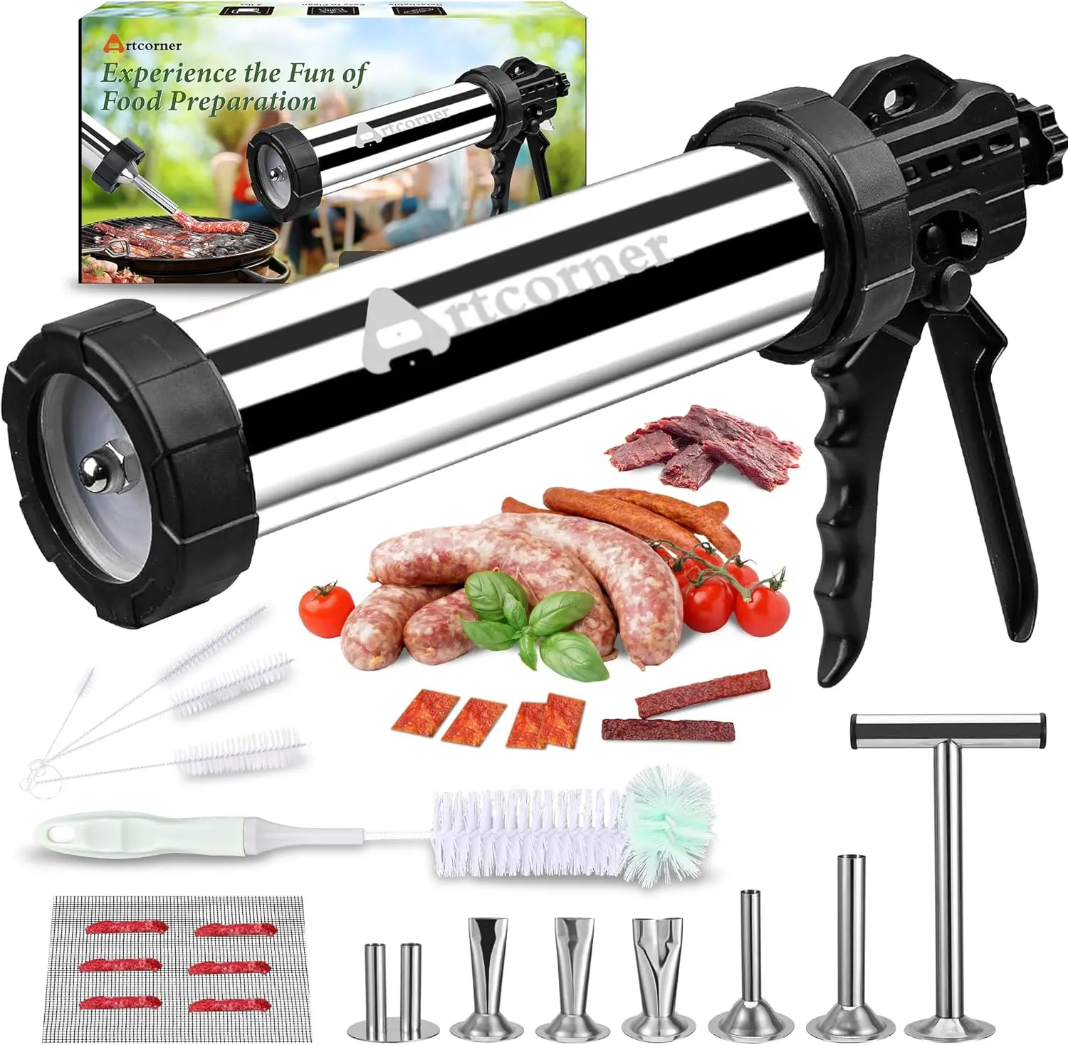 Professional Jerky Gun for Ground Meat | 2.0LB Capacity Jerky Maker Kit with 5 Attachments, 2 Brushes & Storage Net (Food Grade)