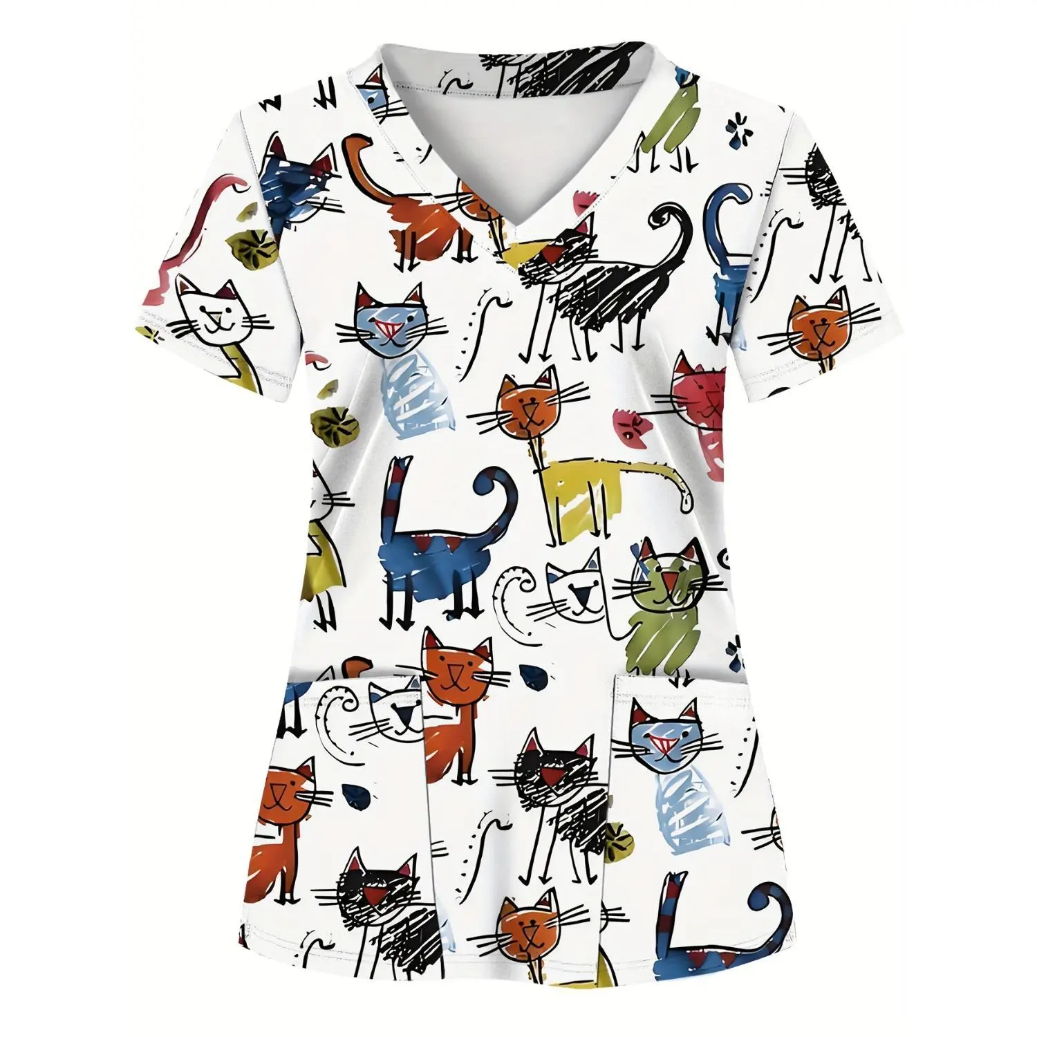 Colorful Kitten Print Women's Scrub Top with Two Pockets - Comfortable, Soft, and Breathable T-Shirt for Healthcare Professionals, Ideal for Hospitals, Dental Clinics, and Beauty Salons