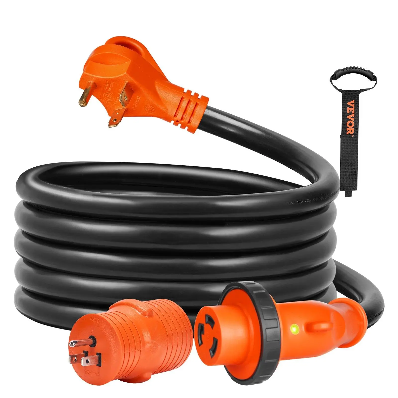 【summerfinds】VEVOR RV Extension Cord, Max 50 ft, 50 Amp, Heavy Duty STW RV Power Cord, NEMA 14-50R Female NEMA 14-50P Male Plug, with LED Indicator Handle 15A Adapter, for RVs, trams, generators, campers, ETL Listed