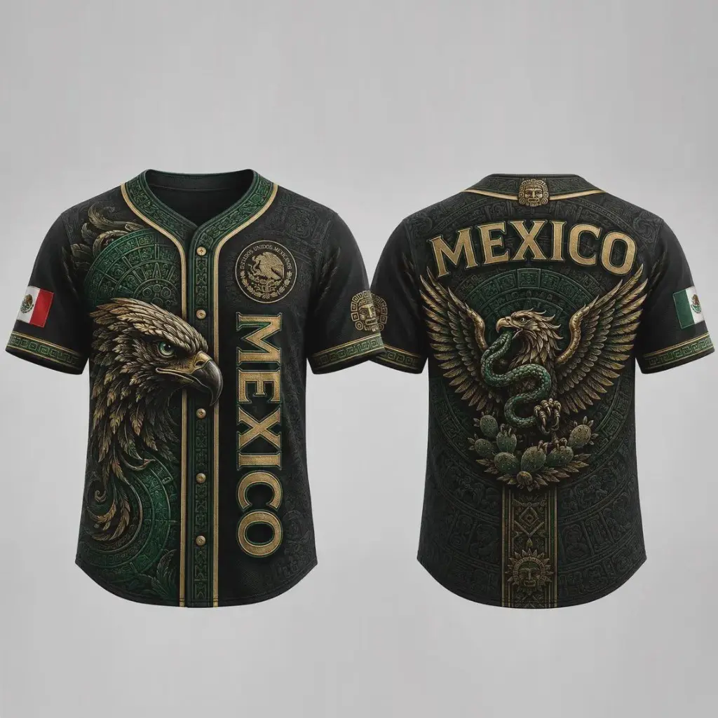 Aztec Eagle Mexico Baseball Jersey, Black Gold Mexican Pride Shirt