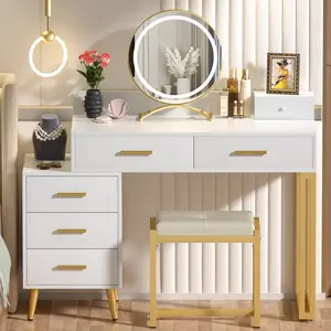 Makeup Vanity with Mirror and Stool, Modern luxury Vanity Desk with 6 Wooden Drawers and LED Lighted Mirror,3 Color Lighting Options,for Living Room