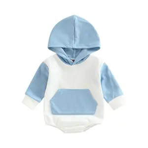 Baby Boy Girl Hoodie Sweatshirt Romper Solid Color Long Sleeve Hooded Front Pocket Oversized Bubble Onesie Bodysuit