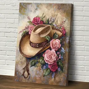 [Hanging Art]2D Flat, 1pc Western Cowgirl Hat And Floral Roses Canvas Wall Art - Rustic Wood Framed And Ready to Hang, Ideal for Farmhouse Decoration in The Bedroom, Kitchen, Office, Bar