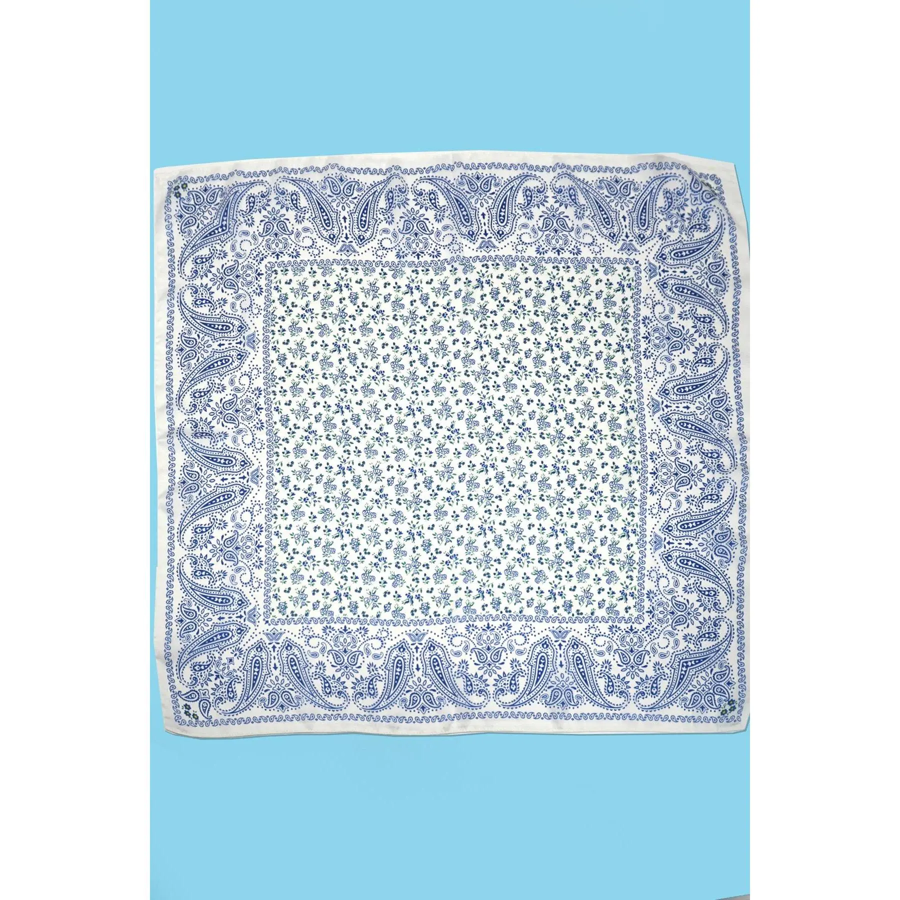 Blue and White Floral Toile Bandana Silk Scarf