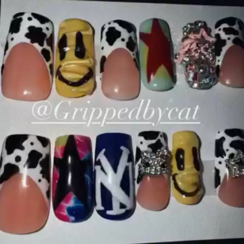 Handmade Loaded Abstract Glitter Press On Fake Nails Extension Full Set, Feminine Manicure Nail Art Charms with Customizable Personalized Unique Design, Butterfly Extensions