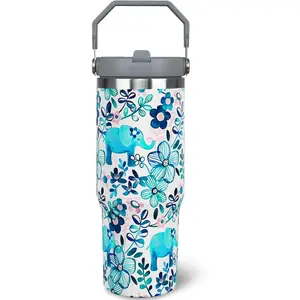 30 oz Stainless Steel Insulated Elephant Tumbler Bottles - Portable Reusable Coffee Flask with Handle, Flip Straw, Leakproof Insulation, Travel Mug, Gift for Elephant Lovers
