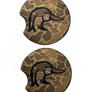 Old School Brown Camo Wood Duck Car Coasters, Set of Two, Car Cup Holder
