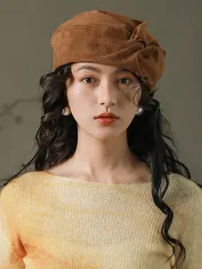 Womens Suede Beret Hat Autumn Winter Vintage Bow Beanie Cap Fashion Slouchy French Artist Hat Gift