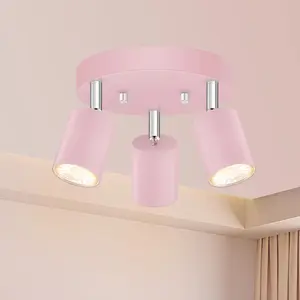 3 Light Track Lighting Fixtures Ceiling, Pink Round Directional Spotlight Fixtures, GU10 Flush Mount Ceiling Fixture, Adjustable Modern LED Track Light for Girl's Room, Bulb Not Included