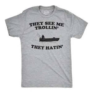 They See Me Trollin T Shirt Funny Fishing Shirts Fish Jokes Summer Camping Mens Funny T Shirts Cool Vintage Fashion T-Shirt Gift Classic Menswear Fishing Apparel for Men Funny Camping Short Sleeve Novelty Tees Light Grey