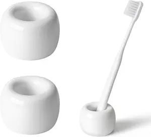 AirMoon Mini Ceramic Toothbrush Holder for Bathroom - White Small Countertop Organizer, Easy Clean Toothbrush Stand, Suit for Electric Toothbrush Head, Pens & Coffee Spoon, Pack of 2