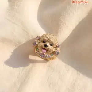 Cute Teddy Dog Flower Ring Sweet Style Minimalist Fashion Finger Ring For Girls Students Daily Wear