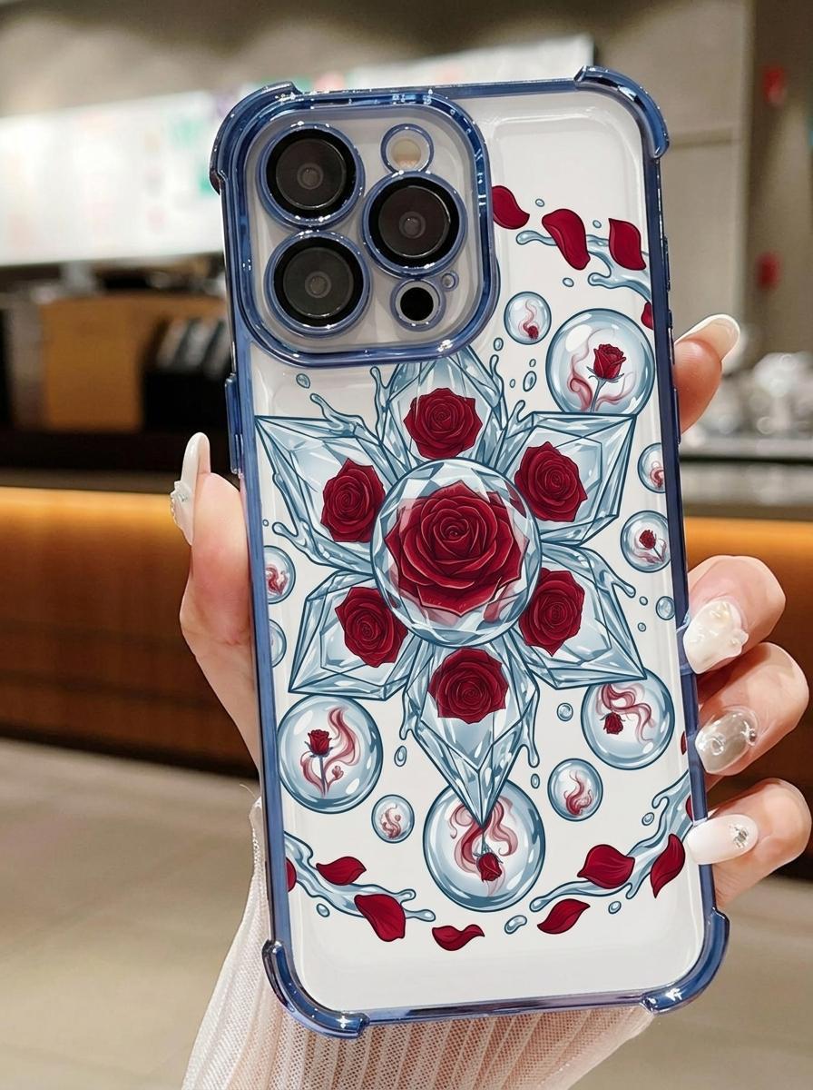 Advanced Ice Crystal Rose Phone Case Supports iPhone 12/13/14/15/16/17 Full Series Pro/ProMax/Plus Ice Blue Water Pattern Decoration, Four Corner Thickened Airbag Design Anti Drop Protection Phone Case