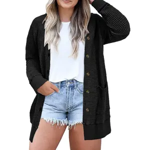 Aleumdr Women's Plus Size Cardigans Casual Long Sleeve Waffle Knit Front Button Tops 1X-5X Soft Breathable Stretchy Skin-Friendly Comfortable Everyday Wear  Knitwear Womenswear Shirts Blouses Basic