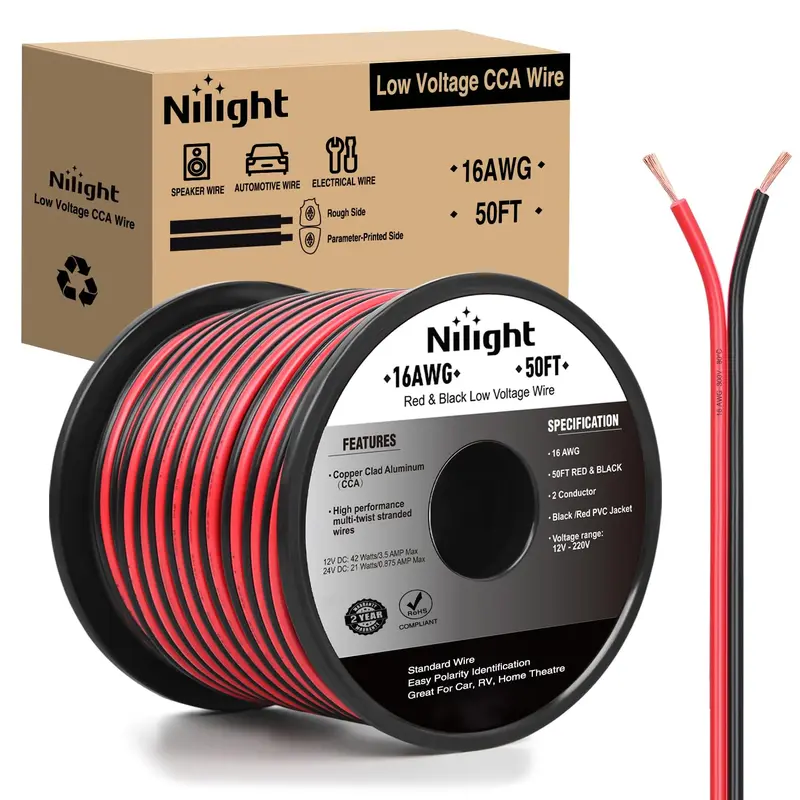 Nilight 16AWG 50FT Automotive Low Voltage Copper Clad Aluminum 16 Gauge Red-Black 2-Conductor Parallel Wires, Flexible Flame-Retardant Plastic PVC Insulation, High Strand Counts Low Eccentricity 12V/24V Car Audio DC Power Extension Cord (Strip-Ready)