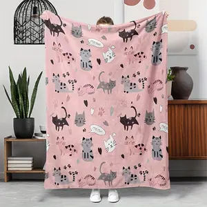 Cute Cat Lover Gift Soft Cozy Flannel Blanket - Pink Cartoon Cat Meow Print Plush Throw, Warm Fuzzy Bedroom Sofa Blanket, Perfect Gift for Cat Mom Women Girls Kids for Birthday Holiday Home Decor