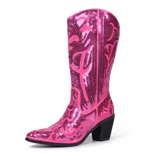 Hawkwell Women's Sequin Mid Calf Western Cowboy Boots Wide Calf High Fashion Zipper Pointed Toe Embroidered Tall Cowgirl Boots