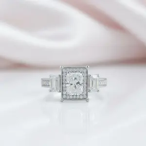 14k White Gold 2.0 Ct Radiant Cut Diamond Option 3 Stone Halo Engagement Ring