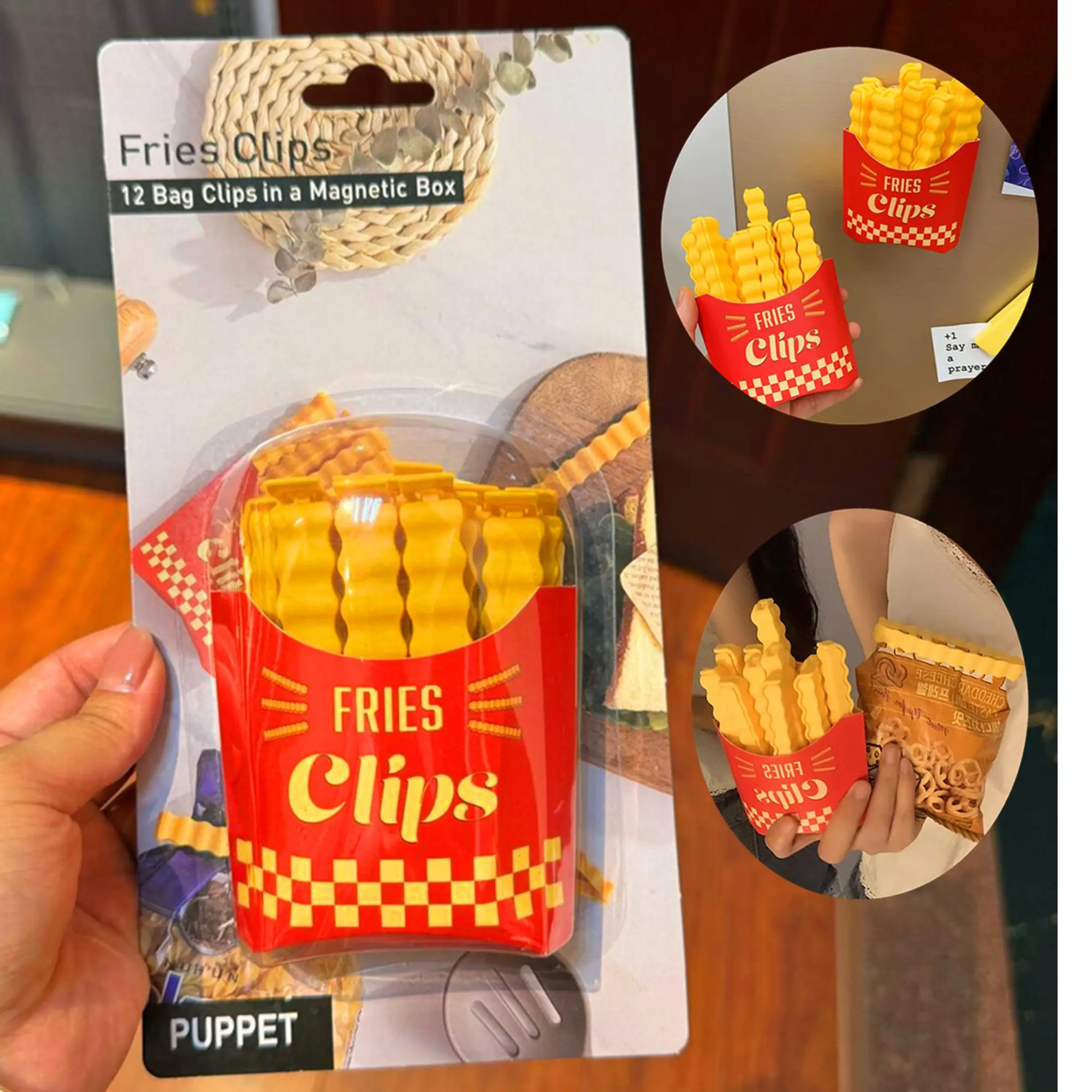 French Fries Shaped Seal Clip, 12pcs/set Creative Sealing Clip with Fridge Magnet Holder, Bag Sealing Clip, Kitchen Gadgets