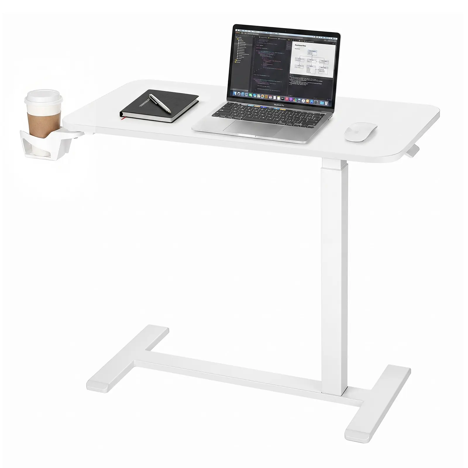 VEVOR Overbed Table 31.5"W x 15.7"D Mobile Bedside Table with Hidden Wheels, for Home Office Bed Couch, Height Adjustable Rolling Laptop Desk, Hydraulic Portable Standing Cart with Cup Holder, White