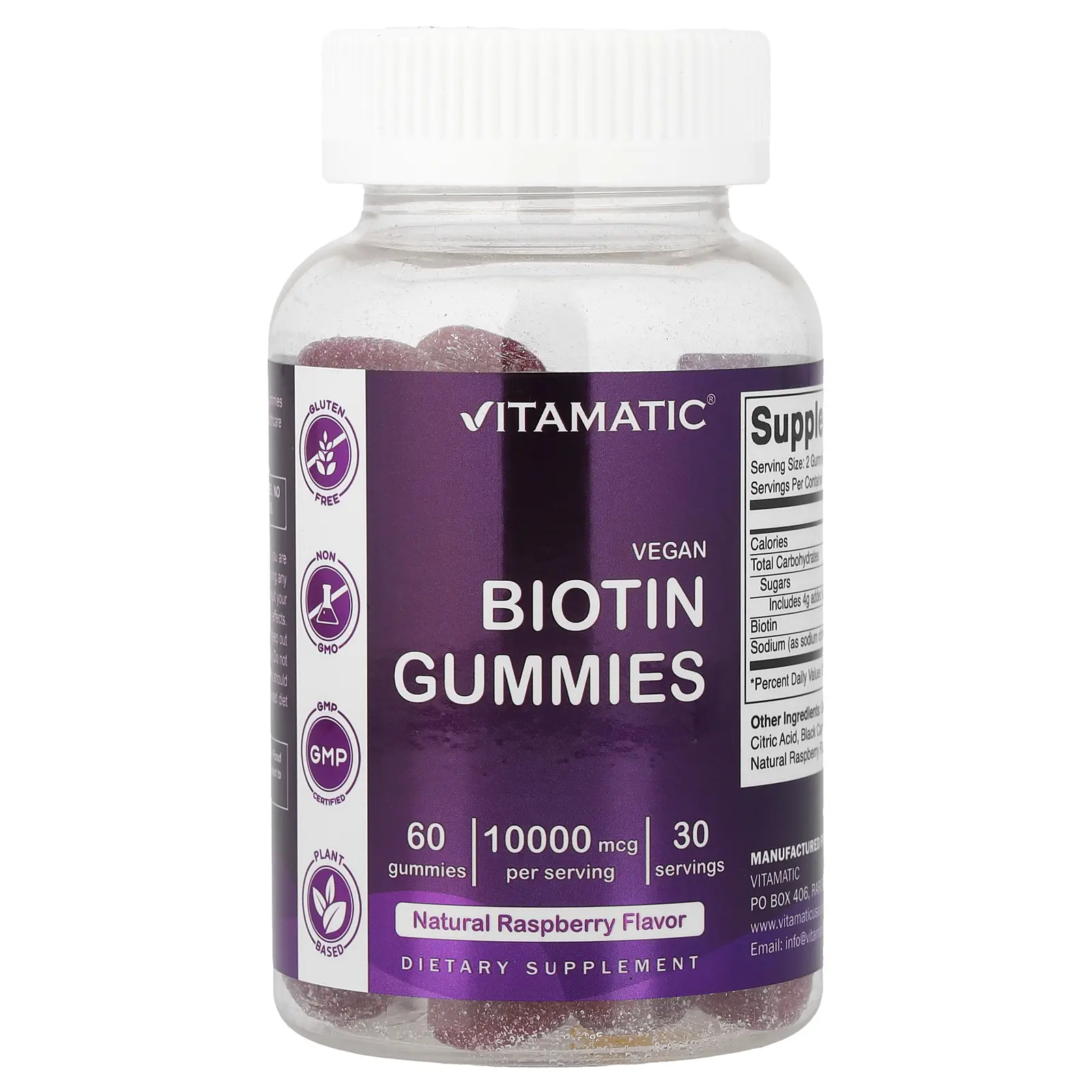 Vitamatic Vegan Biotin Gummies, Natural Raspberry, 60 Gummies