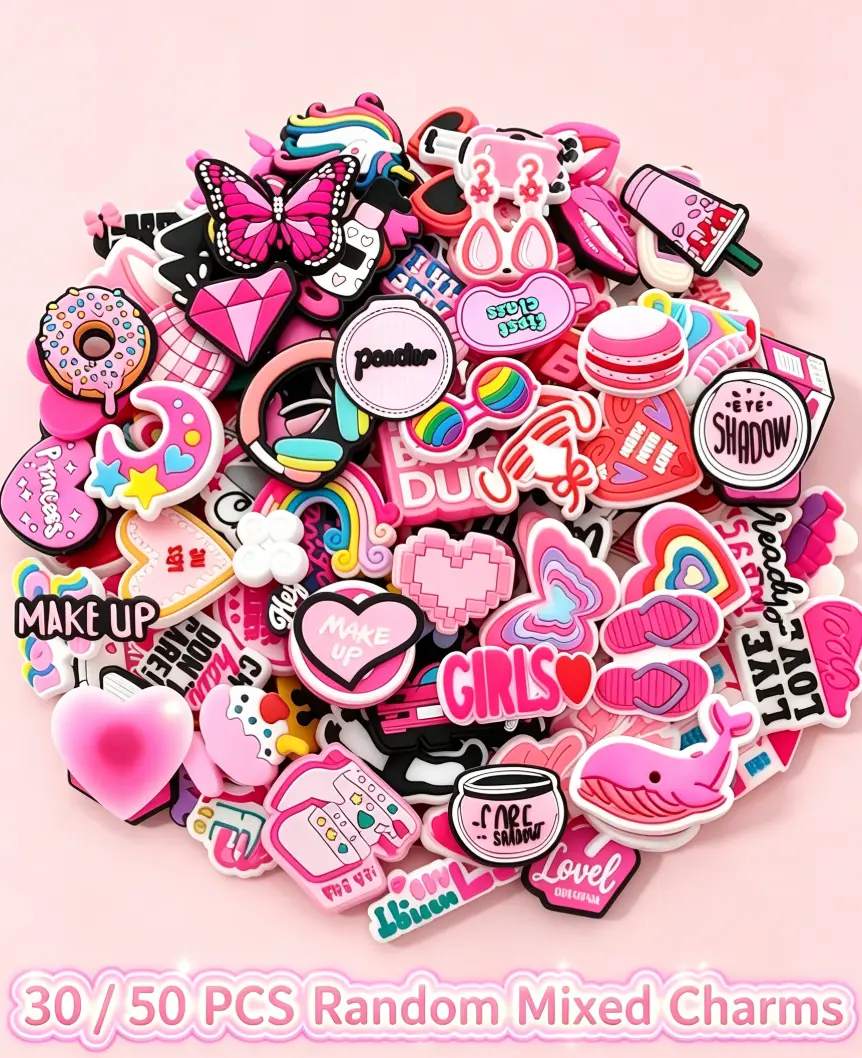 Pink Girls Cartoon Random Mixed Shoe Charms, Y2K Girly Clog Decor Accessories, Cute DIY Ornament  Gifts for Teen  Cartoon Pattern, Cartoon Pattern 30 50 Pcs