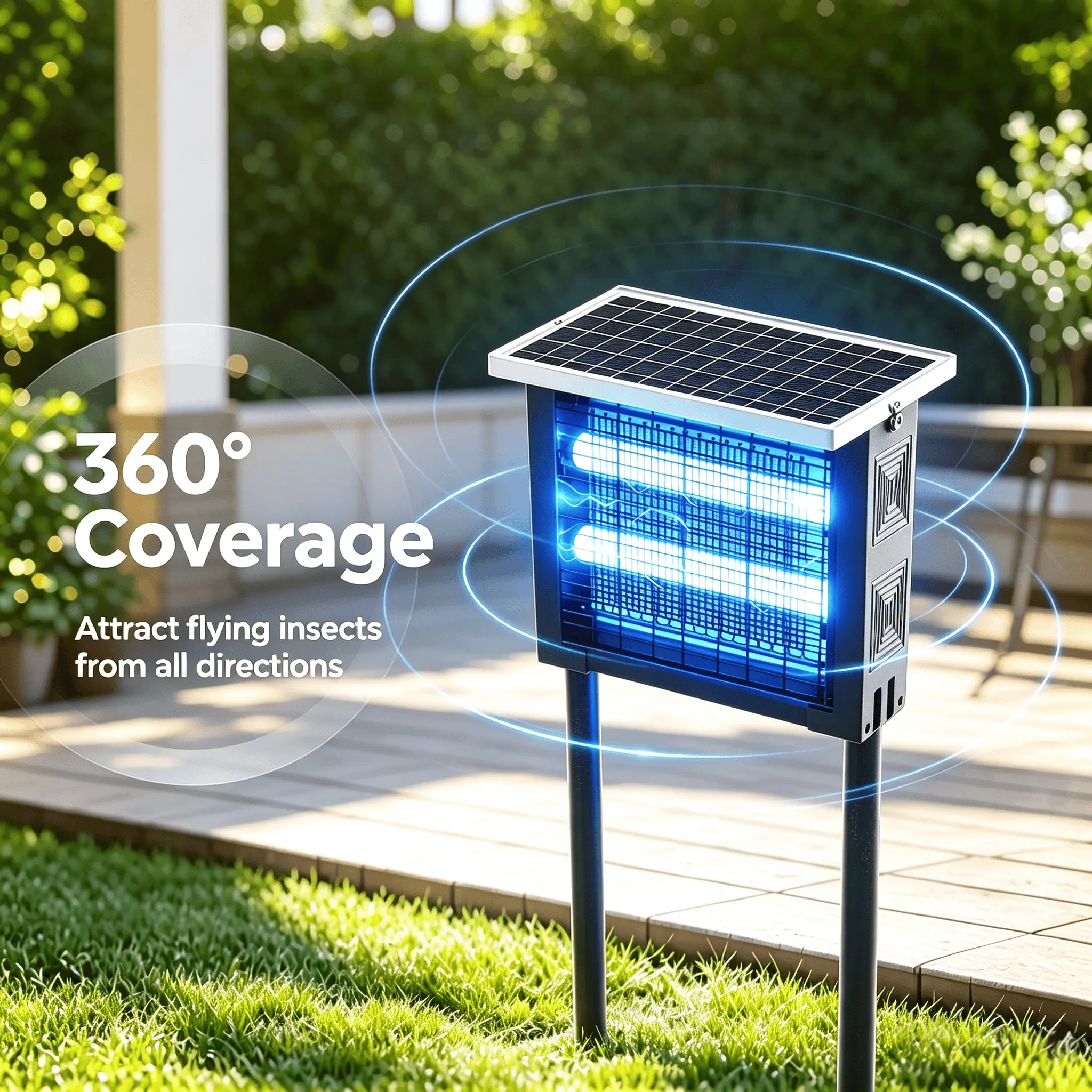 4500V Outdoor Portable Solar Insect Killer, with solar panel, IPX4 water resistance, USB charging, and automatic on/off function; suitable for pest control in yards, gardens, backyards, RVs, and campsites; covers an area of 2,000 square feet