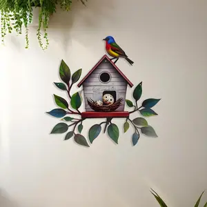 3D Birdhouse Metal Wall Art, Colorful Painted Parrot Decor, Leafy Nest with Eggs Hanging Sculpture, Rustic Home Decoration for Living Room, Patio, Garden, Kitchen