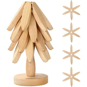 Wooden Trivets for Hot Dishe, Tree Shape Trivet Set, 4 Wooden Trivet + 1 Stand Stored Like a Christmas Tree, Beech Wood Trivets for Hot Pots, Teapot, Practical on The Kitchen Counter Christmas Deco