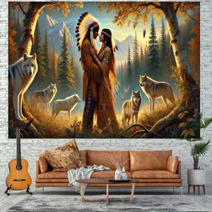 Wilderness Love Party Backdrop - Native American Wolf & Mountain Sunset Scene Polyester Fabric for Birthday Parties, Photo Booth, Indoor/Outdoor Decor - No Electricity Needed, Festive Wall Hanging | Wildlife Scene Decor | Western Party Deco Banners Size
