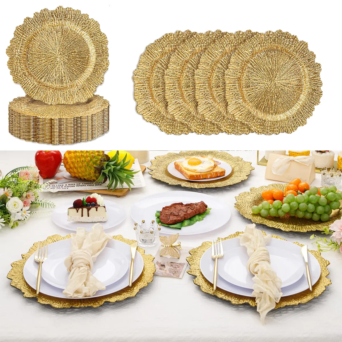 13-Inch Plating Gold Charger Plates Set of 12/24/48/96 Reef Decorative Plate Chargers for Weddings , Parties, Christmas & Home Dining