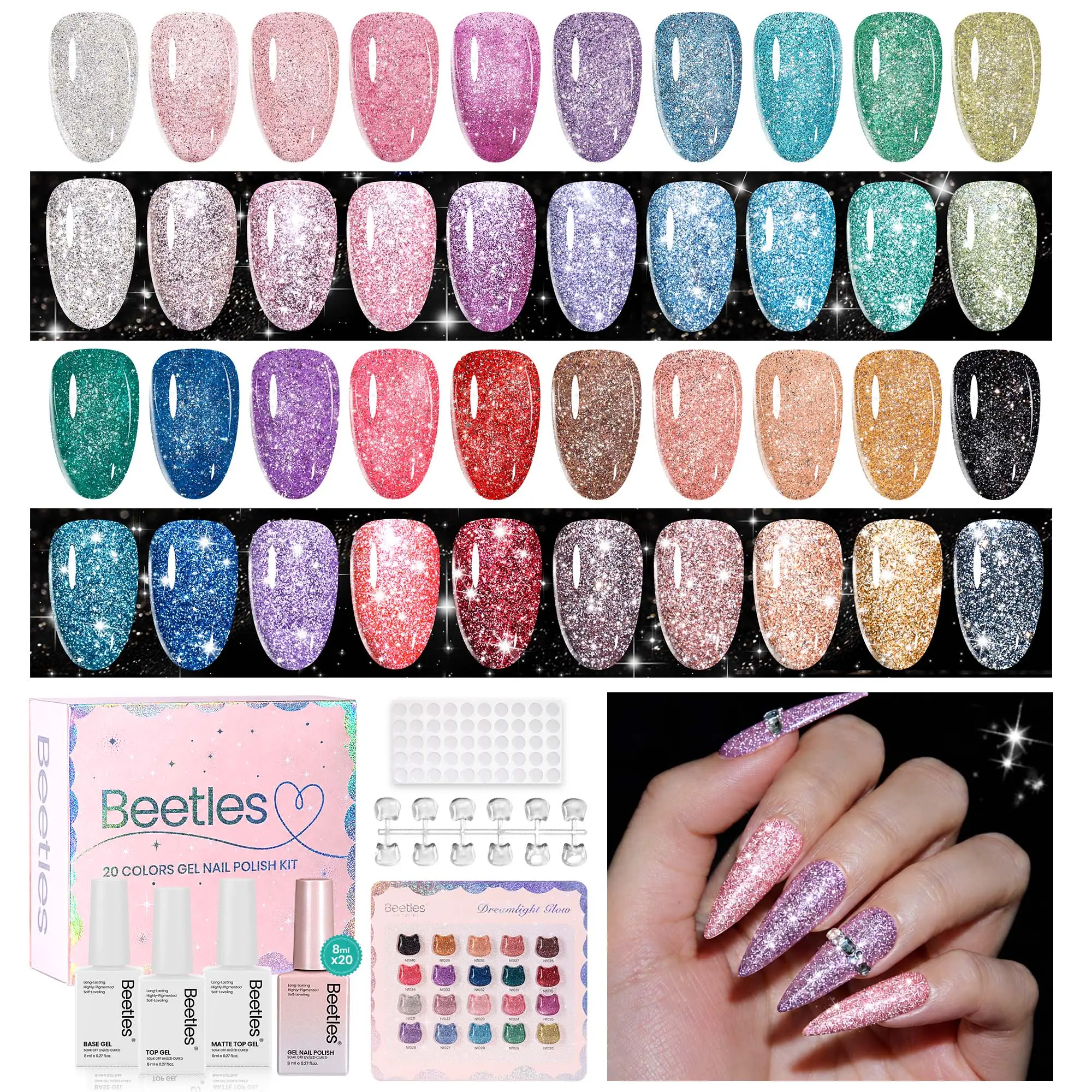 [Exclusive to TTS]Beetles HEMA-Free 20 Colors Glitter Gel Nail Polish Set, Upgraded 8ml Sparkle Gel Kit with Base Coat, Glossy & Matte Top Coats, Color Swatches, Soak-Off UV/LED for DIY Home & Salon Manicure