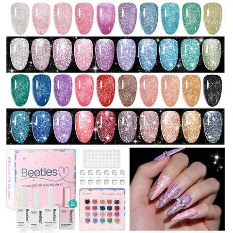 [Exclusive to TTS]Beetles HEMA-Free 20 Colors Reflective Glitter Gel Nail Polish Set, Upgraded 8ml Sparkle Gel Kit with Base Coat, Glossy & Matte Top Coats, Color Swatches, Soak-Off UV/LED for DIY Home & Salon Manicure, Nail Art, Cosmetic
