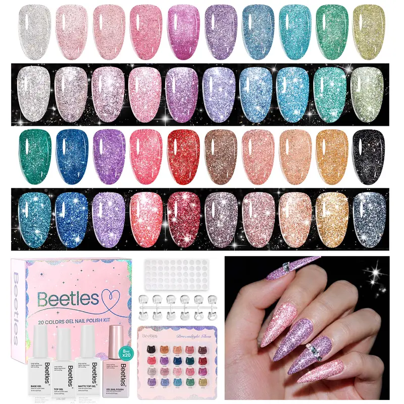 [Exclusive to TTS]Beetles HEMA-Free 20 Colors Reflective Glitter Gel Nail Polish Set, Upgraded 8ml Sparkle Gel Kit with Base Coat, Glossy & Matte Top Coats, Color Swatches, Soak-Off UV/LED for DIY Home & Salon Manicure, Nail Art, Cosmetic