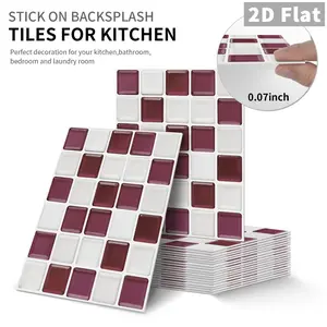 10PCS Color Box GST Burgundy & White Mix Small Square PE Crystal Foam Tile Stickers Waterproof Oil-Proof Anti-Collision Kitchen Bathroom Ceiling Wall Decor