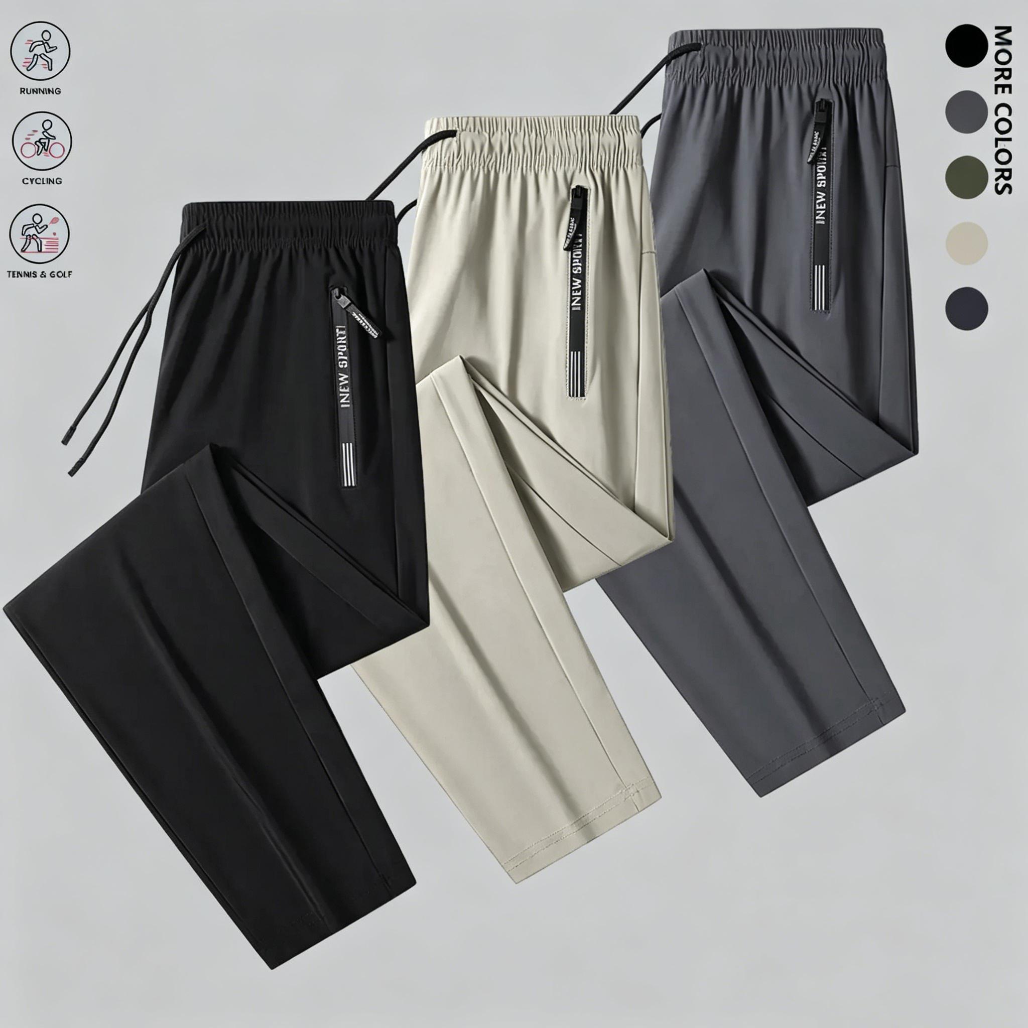 Men’s slim fit ice silk cool-touch lightweight long pants, 3-pack — drawstring elastic waistband design, zippered pockets; a summer essential for everyday casual wear. This flat-foot long pants is ideal for outdoor running and fitness.