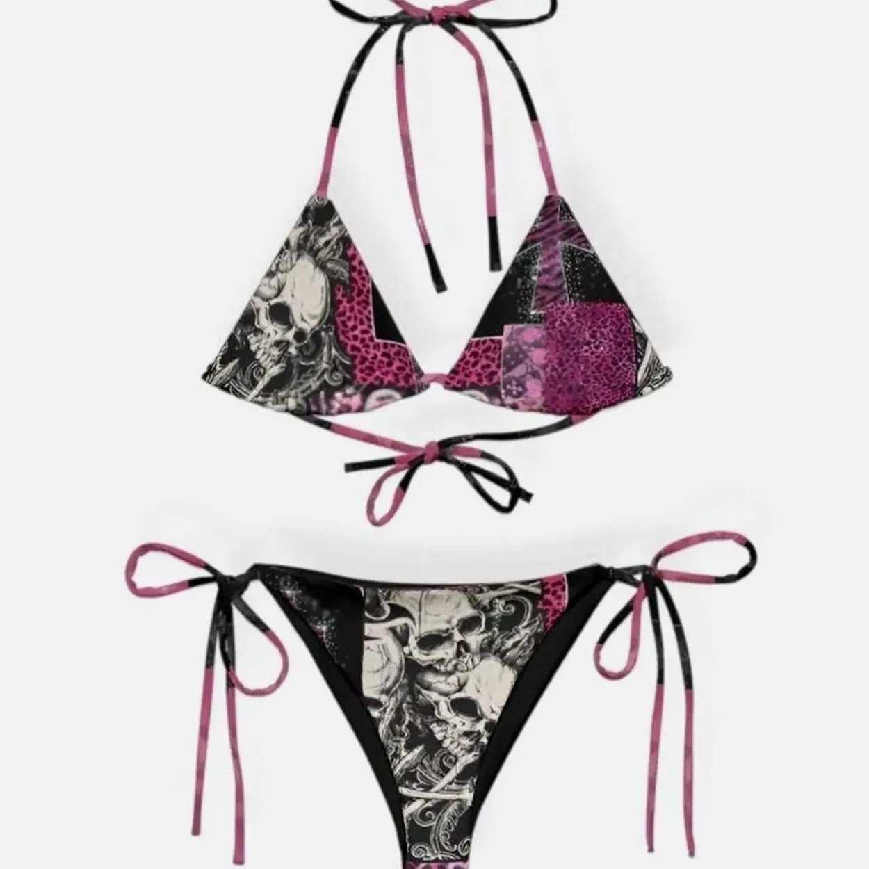Leopard Skull Print Triangle Bikini Set Gothic Y2K Tie Side Swimsuit for Women 83Q E9F J68
