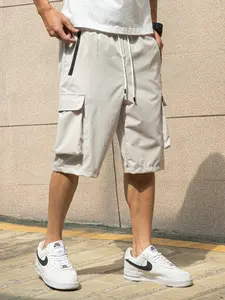 Mens Plain Loose-Fitted Adjustable Medium-Length Cargo Shorts - Relaxed Fit, Large Utility Pockets, Drawstring Waist, Lightweight Fabric for Streetwear, Casual Summer Menswear