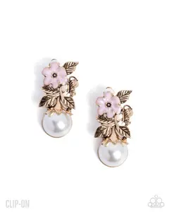 Elegant Evolution - Gold Leaf Pink Flower White Pearl Clip-On Earrings - Paparazzi
