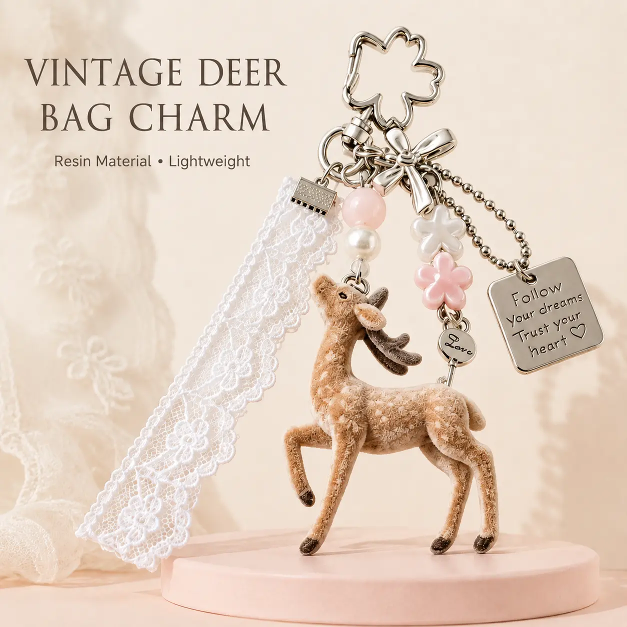 Vintage Resin Deer Bag Charm Keychain for Women, Cottagecore Coquette Purse Accessory with Lace Ribbon, Pink Flower Beads & Message Tag, Cute Aesthetic Key Chain for Handbag Backpack, Birthday Holiday Gift for Her  ：