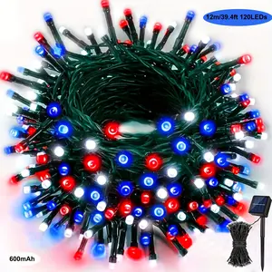 1pc Independence Day Solar LED String Lights, July 4th Solar Powered LED String Fairy Lights 8 Modes Holiday Lights For Indoor Outdoor Christmas Tree Wedding Party Bedroom Courtyard Decoration Dark Green Line (Red & Blue & White)