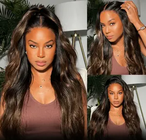 Klaiyi Ombre Chestnut Brown Yaki Straight Put On and Go Glueless Wig 7x5 Bye Bye Knots And 13x4 Lace Frontal Human Hair Wigs with Invisi Drawstring