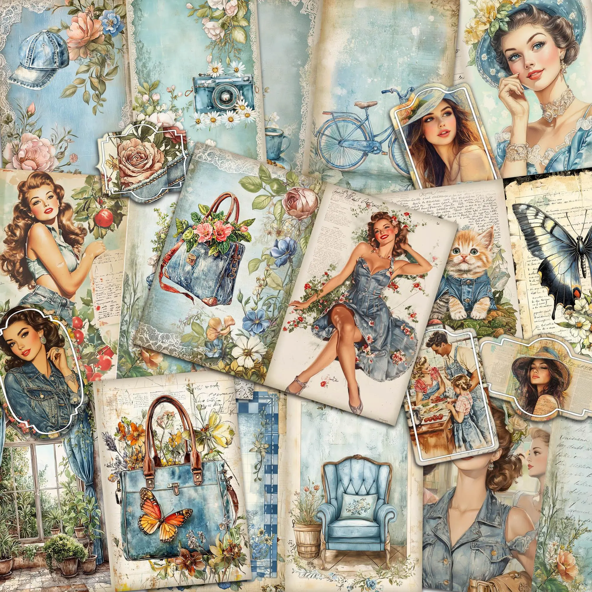 Vintage Girl Pattern Junk Journal Paper & Self Adhesive Sticker Set, 60pcs/set Scrapbook Materials & Journal Making Material Paper, DIY Decorative Paper for Crafts