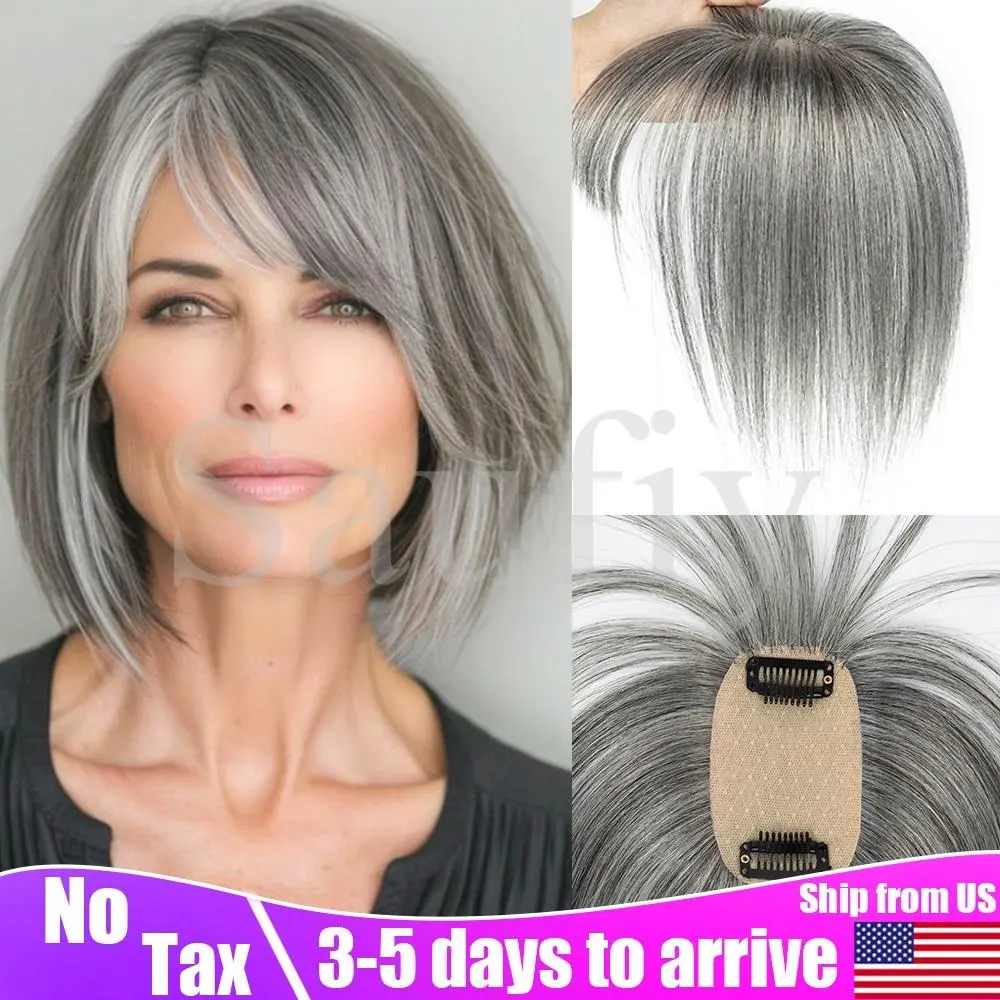 Gray Hair Toppers With Bangs Real Human Hair 5x9cm Women Clip in Human Hair Toppers for Thinning hair Brown Blonde Hairpieces