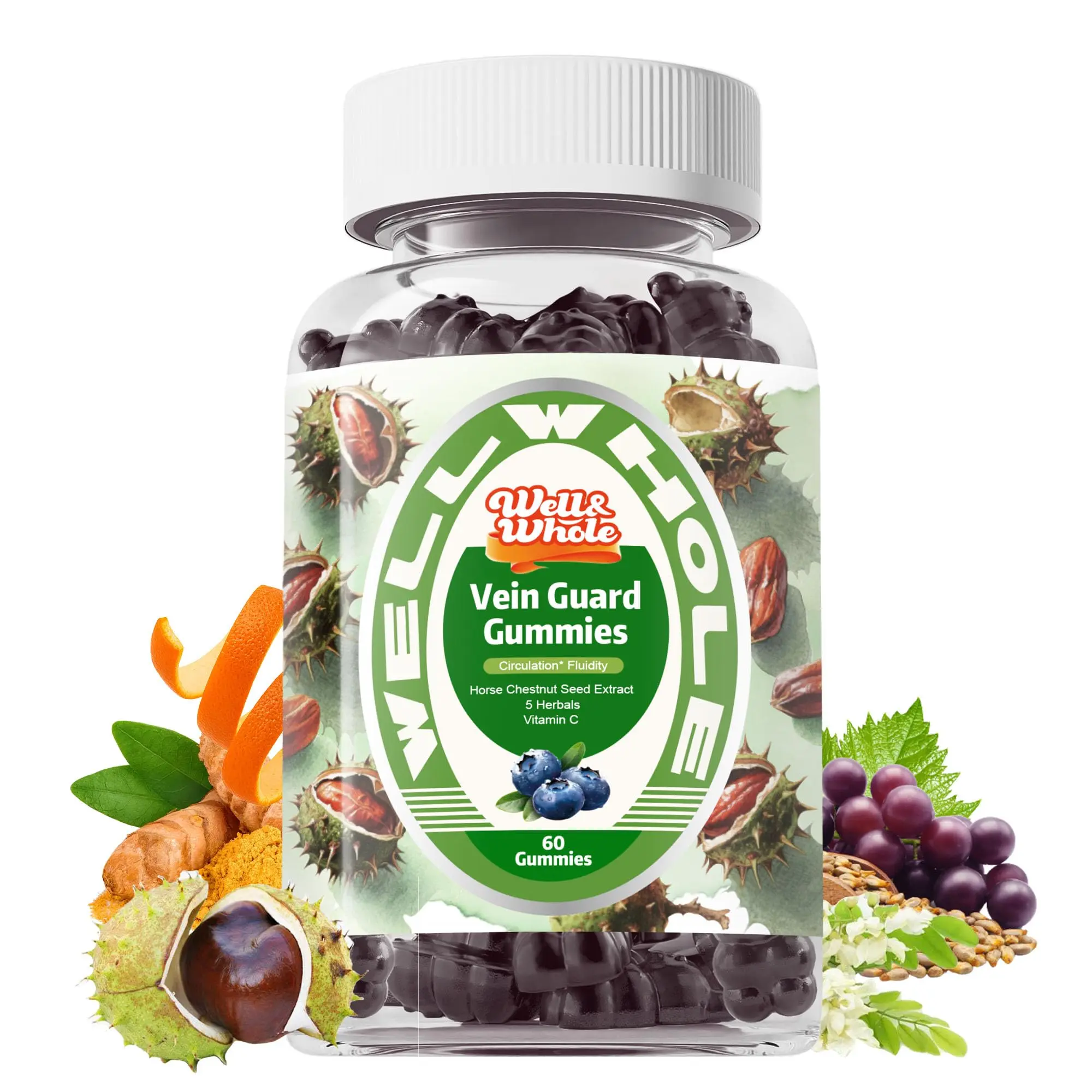 Well&Whole Natural Horse Chestnut Seed Extract Chewable Gummies - Sugar-Free, GMO-Free Leg Circulation Supplements with Rutin, Hesperidin, Antioxidant Botanical Extracts, for Sedentary Jobs & Long Standing Hours, 60 Counts