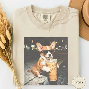 Comfort Colors Corgi Drinking Iced Coffee Shirt, Animal Meme Tee, Dog Lover Gift, Funny Corgi Shirt, Coffee Tee, Dog Mom Gift HE