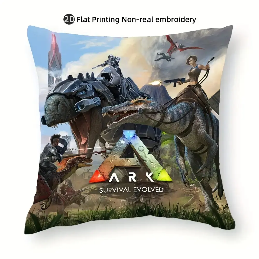 1pc Ark: Survival Evolved Decorative Pillow Cover - Retro Gaming Dinosaur & Character Design, Machine Washable, Zipper Closure, Home Decor for Bedroom & Living Room, Holiday Gift (No Insert), Flat Print Quality