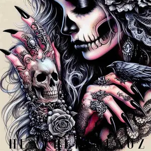 Gothic Sugar Skull Woman with Skull Hand Tattoo Raven & Gothic Jewelry 5D Full Drill Diamond Painting Kit Day of the Dead Art DIY Cross Stitch Mosaic Craft Edgy Home Wall Decor Handmade Gift for Goth & Tattoo Lovers