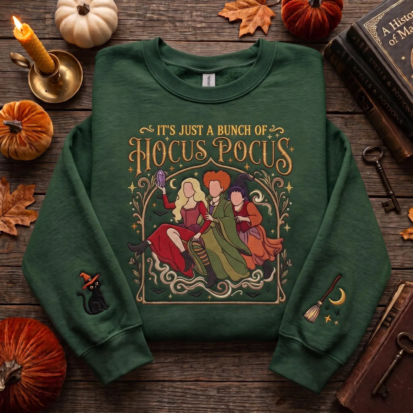 Embroidered Ho-cus Po-cus Sweatshirt, Spooky Season Pullover, Vintage Halloween Sanderson Sisters Hoodie, Witch Halloween Movie Shirt