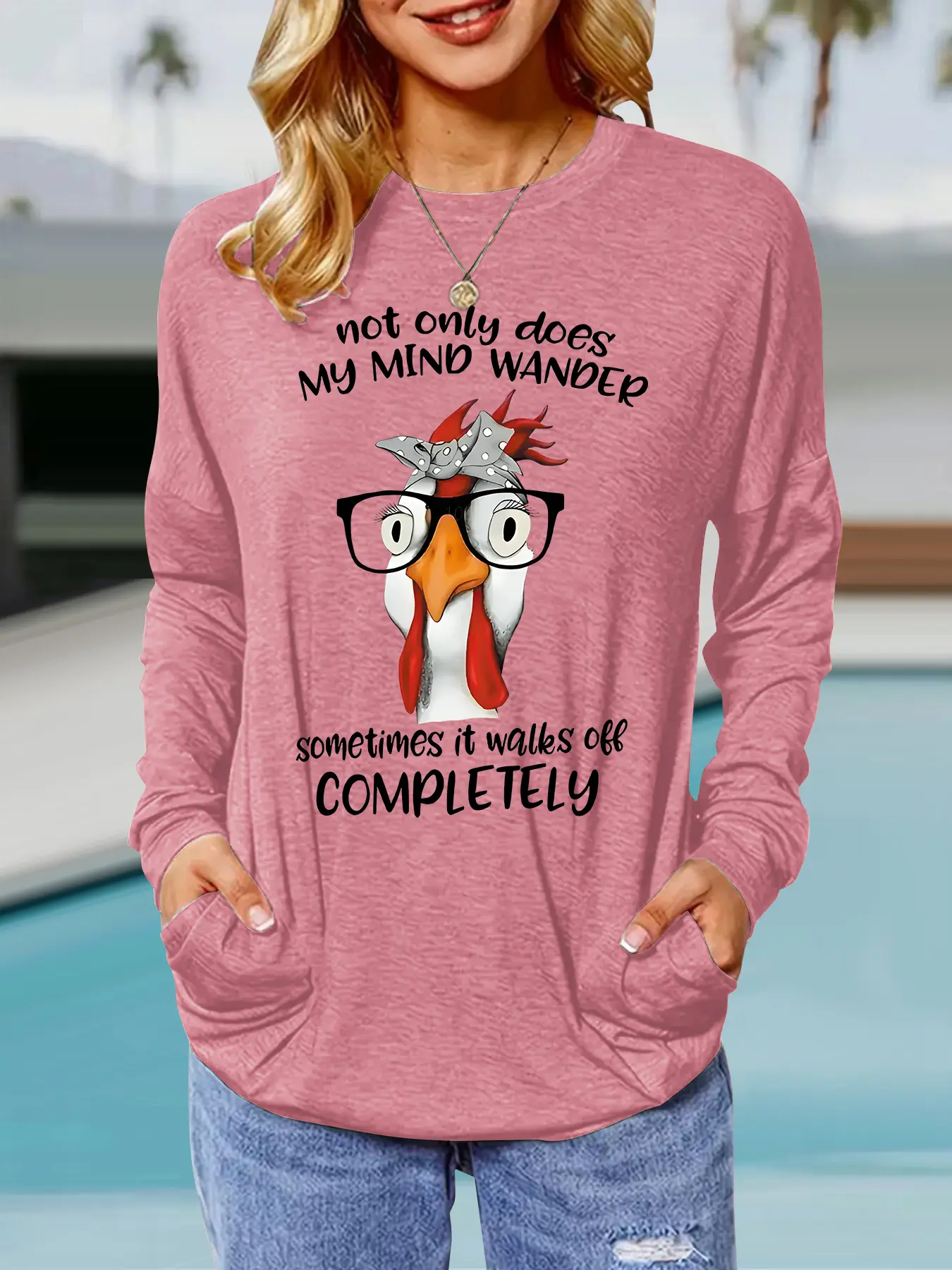 Women's Casual Loose-Fit Long Sleeve Pullover, Chicken Print Round Neck Top with Pockets, Comfortable Spring & Fall Fashion